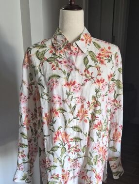 Tommy Bahama White Floral Button-Down Shirt with Pink-Orange Blooms